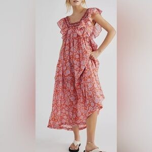 Free People Bonita Boho Floral Flutter Tiered Maxi Dress Women's Medium Romantic
